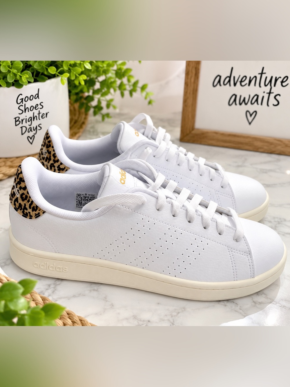 adidas White Low-Top Sneakers with Leopard Heel Accent